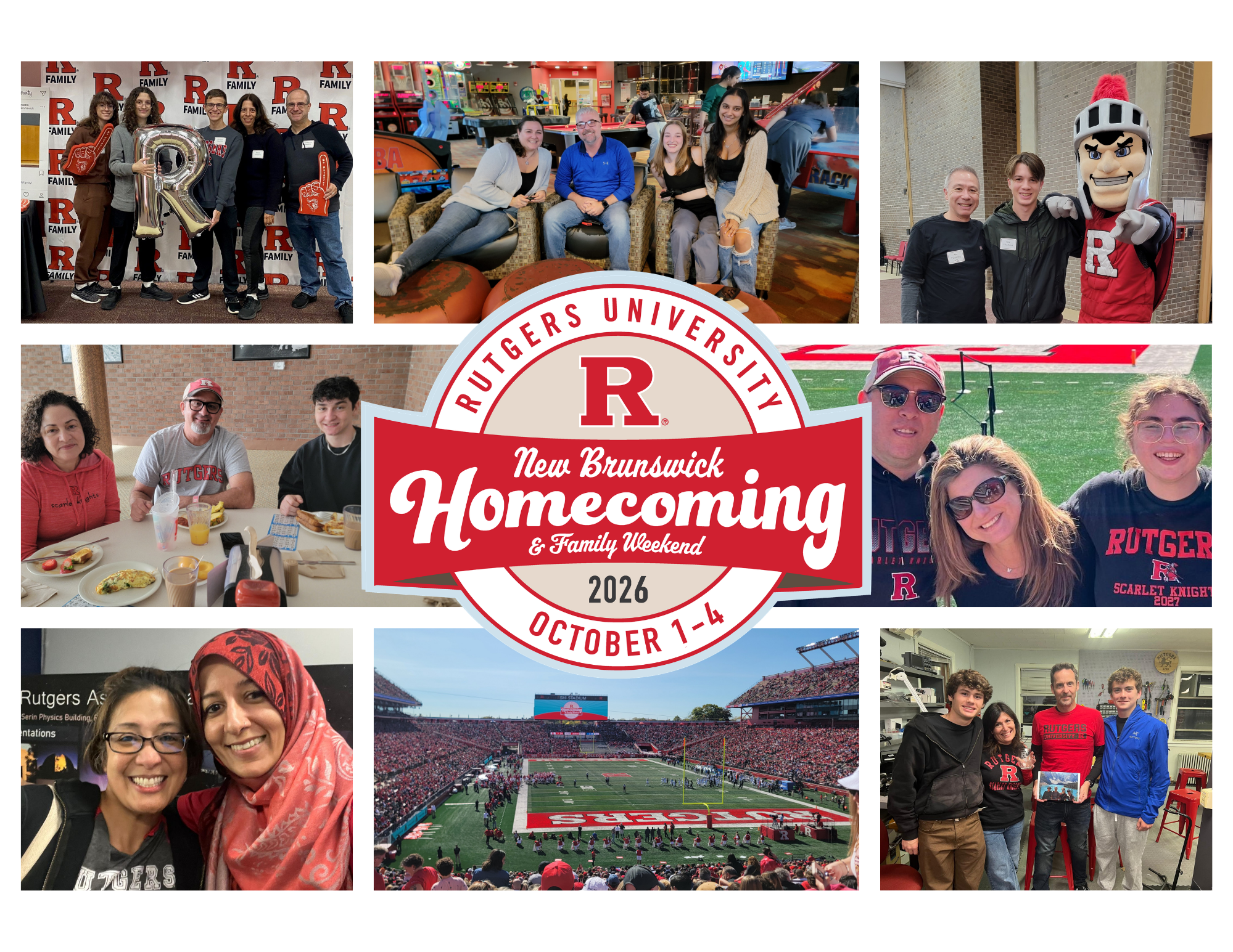 montage of rutgers families with the homecoming logo